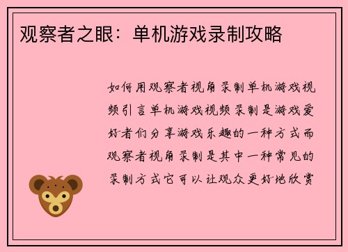 观察者之眼：单机游戏录制攻略